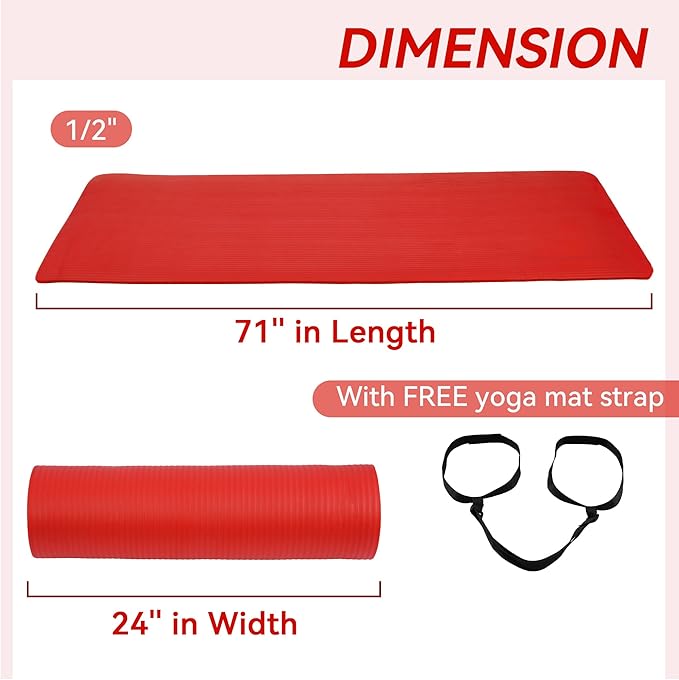 Fitvids Yoga Mat, 1/2-Inch Extra Thick High Density Exercise Mat, Anti-Tear Exercise Yoga Mat with Carrying Strap, Suitable for Various Yoga Exercises