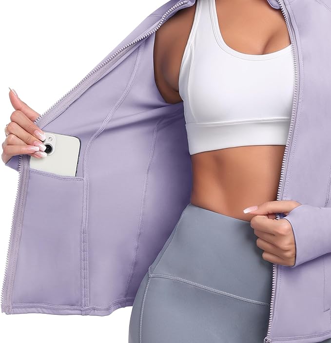 Women's Athletic Full Zip Lightweight Workout Jacket With Pockets Running Slim Fit Yoga Sportwear With Thumb Holes