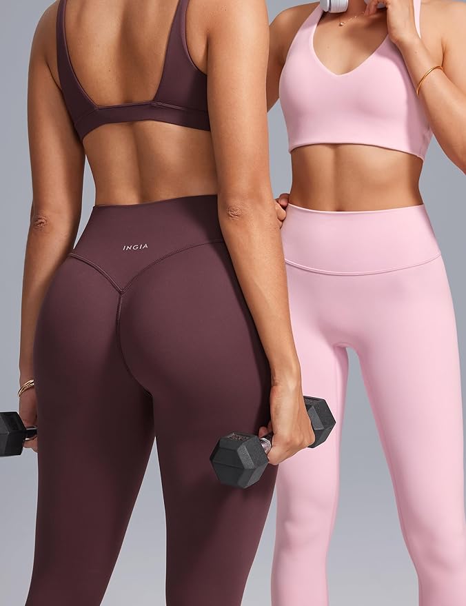 INGIA Womens High Waist No Front Seam Scrunch Butt Leggings Workouts 25 Inches V-Back Scrunch Booty Gym Yoga Pants