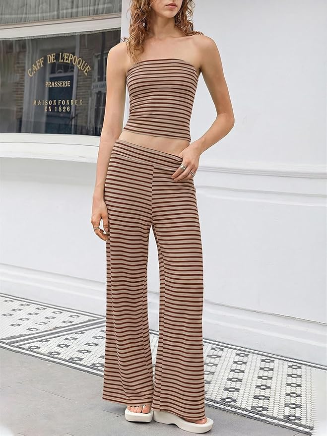 Tankaneo Womens Striped 2 Piece Sets Summer Strapless Crop Tube Tops Wide Leg Pants Matching Lounge Set Vacation Outfits