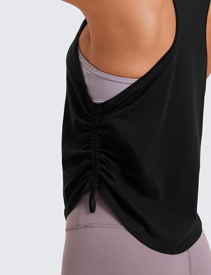 CRZ YOGA Pima Cotton Ruched Side Tank Tops for Women - Workout Athletic Casual Racerback Crewneck Loose Sleeveless Shirts