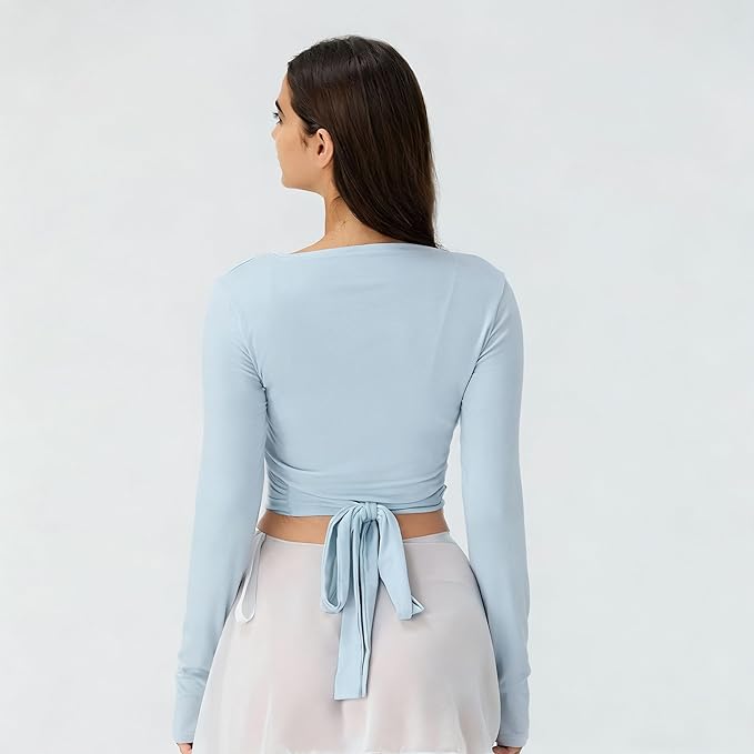 Women Wrap Top Thumb Hole Long Sleeve Self Tie Workout Shirt Pilates Ballet Yoga Tops