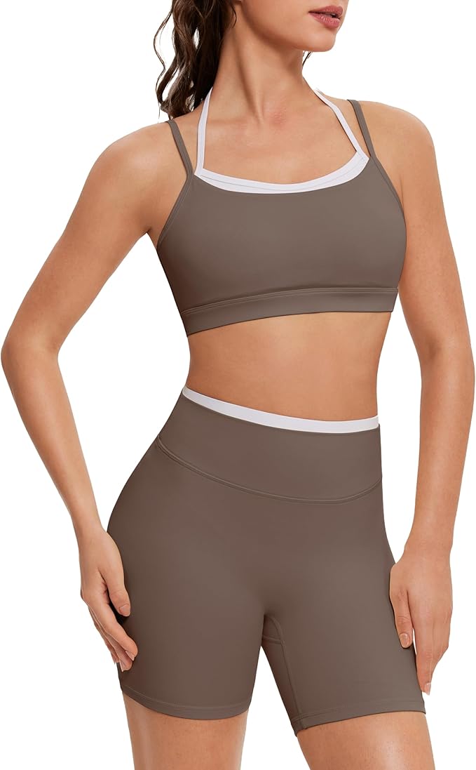 OMKAGI Workout Sets for Women Cute Doubel Layer Open Back Sports Bras Gym Shorts Outfits