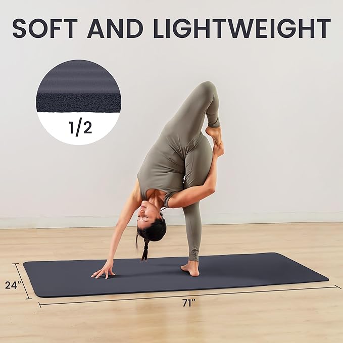 Fitvids Yoga Mat, 1/2-Inch Extra Thick High Density Exercise Mat, Anti-Tear Exercise Yoga Mat with Carrying Strap, Suitable for Various Yoga Exercises