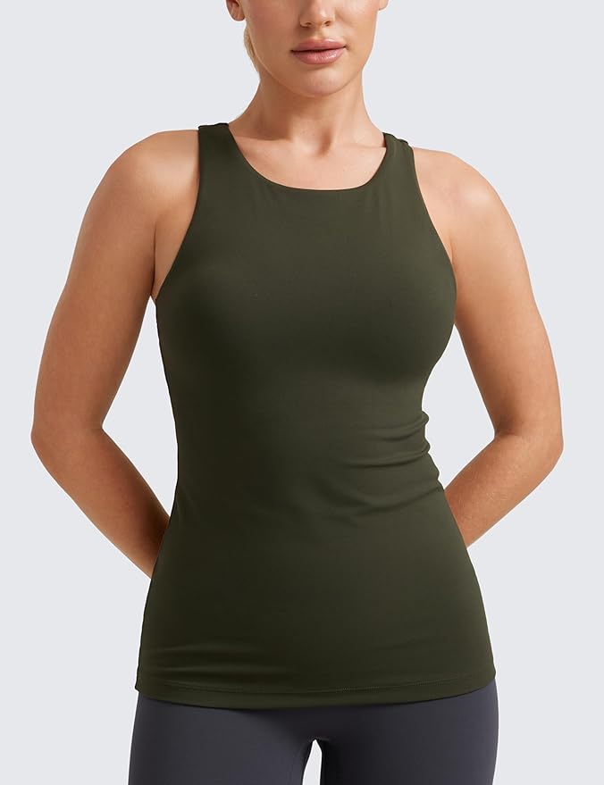 CRZ YOGA Butterluxe High Neck Tank Tops for Women - Racerback Workout Padded Yoga Athletic Camisole with Built in Bra