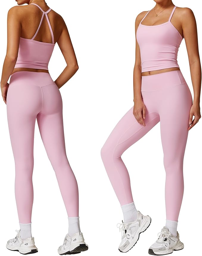 Women 2 Piece Workout Sets (NEW) Yoga Outfit Open Back Tank Top High Waisted Leggings Gym Sets Tracksuits