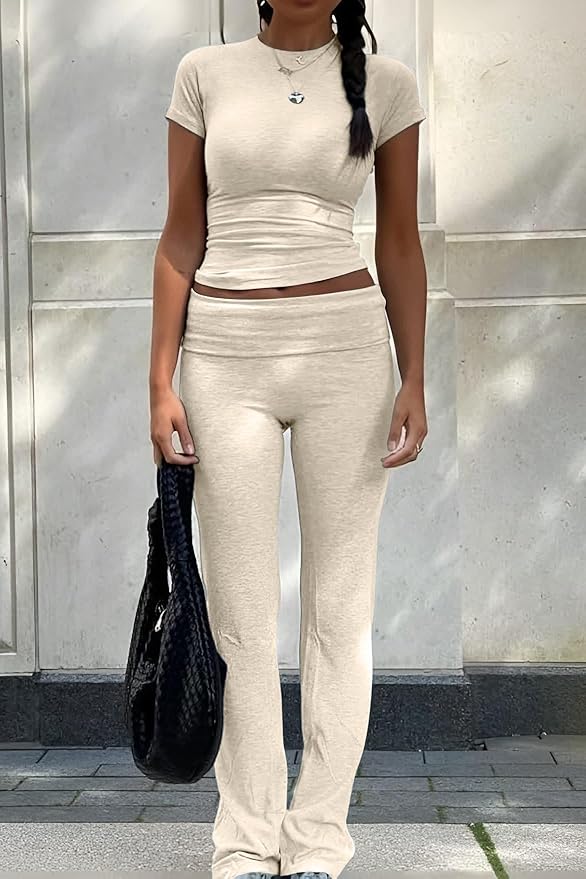 YETOWA Women's 2 Piece Lounge Outfits Slim Short Sleeve Tops Low Rise Flare Leggings Sets Yoga Sweatsuit