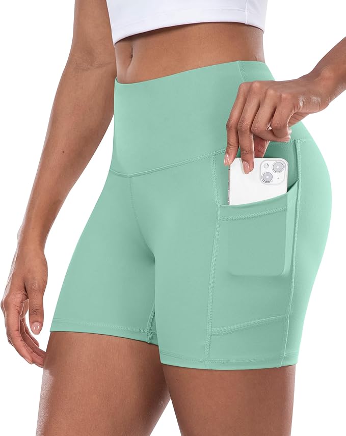 CHRLEISURE Womens Biker Yoga Shorts with Pocket, High Waisted Tummy Control 5 Inch Workout Spandex Athletic Gym Shorts