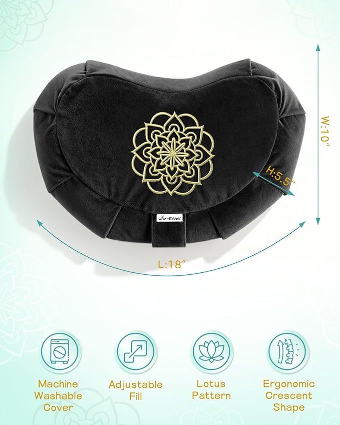 Hihealer Premium Meditation Cushion - Comfortable Floor Pillow for Adult Traditional Crescent Meditation Pillow Yoga Buckwheat Bolster (Black)