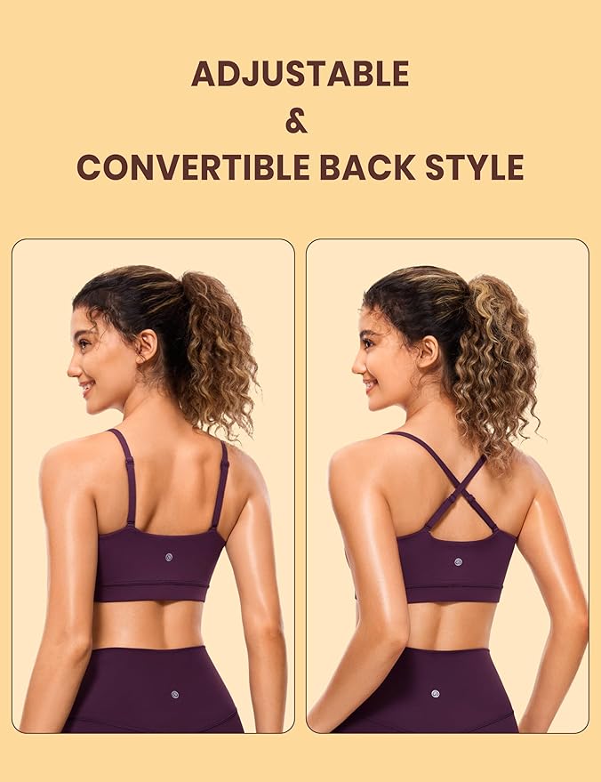 CRZ YOGA Butterluxe Womens Adjustable Spaghetti Thin Strap Sports Bra - Padded Wireless Square Neck Workout Yoga Clothes