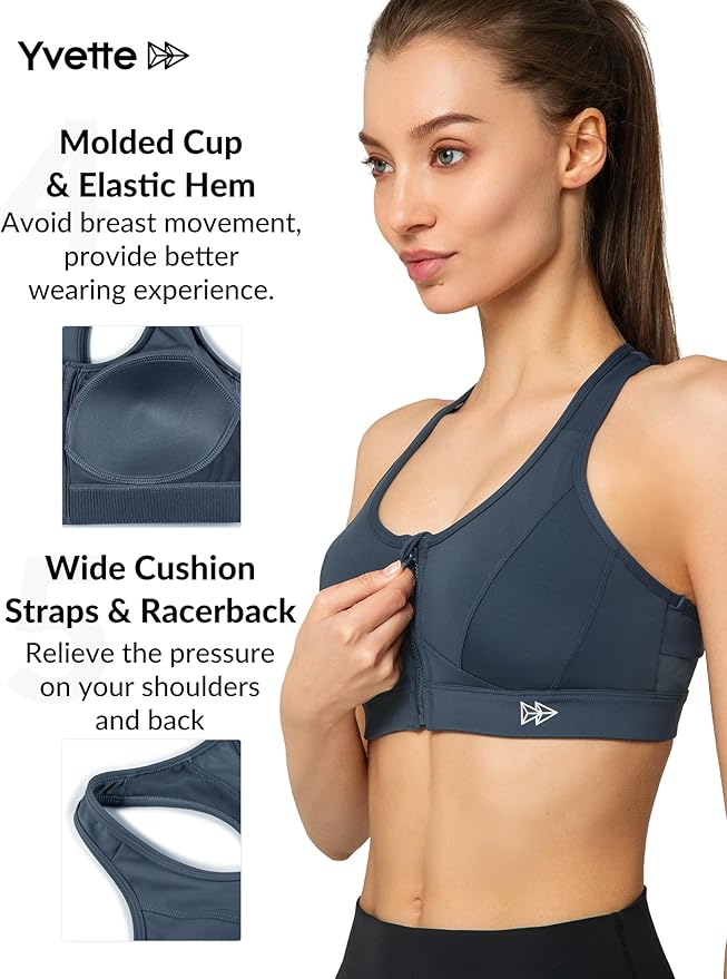 Yvette Zip Front Sports Bra - High Impact Sports Bras for Women Plus Size Workout Fitness Running