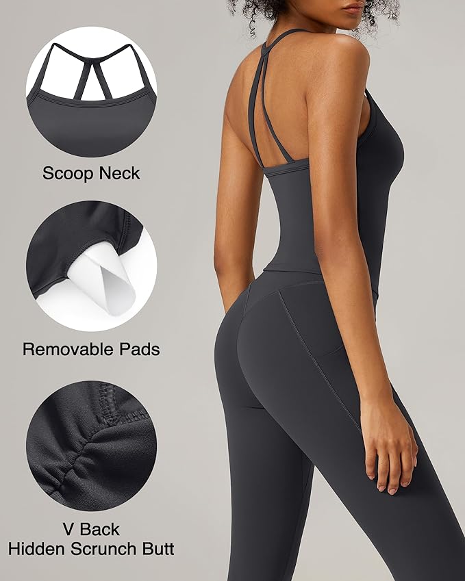 RXRXCOCO Cross Back Workout Sets for Women 2 Piece Padded Tank Tops Hidden Scrunch Leggings Gym Outfits with Pockets