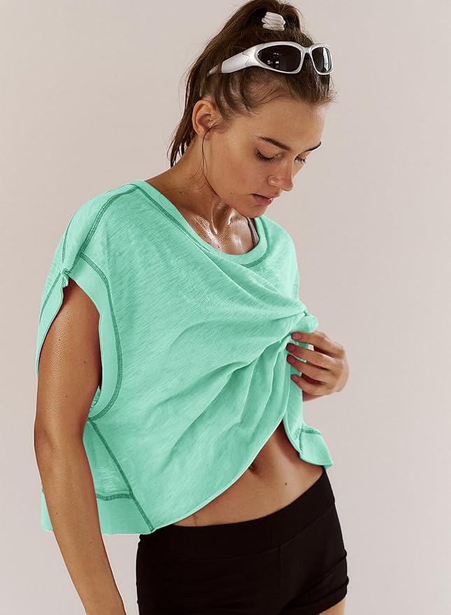 Kumufenc Women Short Sleeve Workout Shirts Open Back Tops Casual Yoga Y2k Athletic Gym Slouchy Crop Running Tees