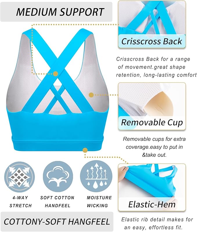 RUNNING GIRL Sports Bras for Women,Padded Strappy Sports Bras Criss-Cross Back Medium Support Sports Bras with Removable Cups