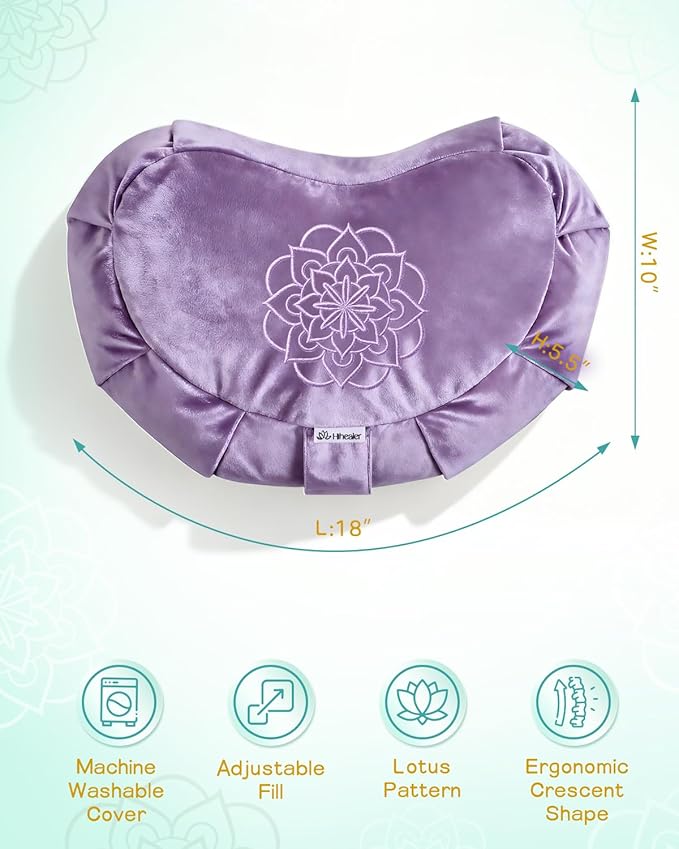 Hihealer Premium Meditation Cushion - Comfortable Floor Pillow for Adult Traditional Crescent Meditation Pillow Yoga Buckwheat Bolster (Purple)