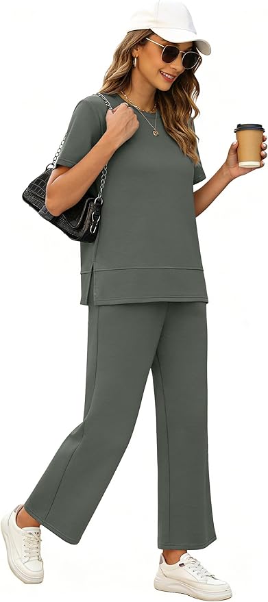 XIEERDUO Women's Side Slit Lounge Sets 2026 Fashion 2 Piece Travel Outfits Cozy Loungewear Wide Leg Tracksuits S-3XL