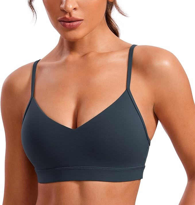 CRZ YOGA Butterluxe V-Neck Sports Bras for Women - Adjustable Thin Straps Padded Yoga Top Basic Wireless Camisole