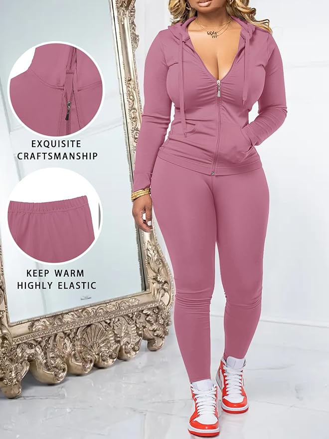 Women Two Piece Outfits Workout Sets Bodycon Legging Jacket Tracksuit Zip Up Hoodie Jogger Matching Sweat Pants Set