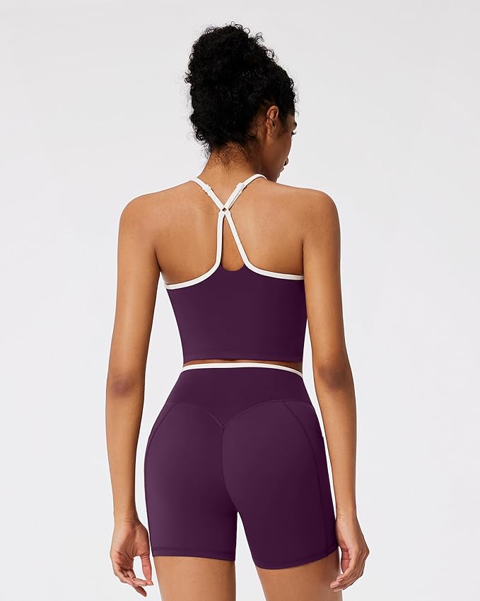 RXRXCOCO Color Block Workout Sets for Women 2 Piece Padded Strappy Tank Tops Hidden Scrunch Booty Shorts with Pockets