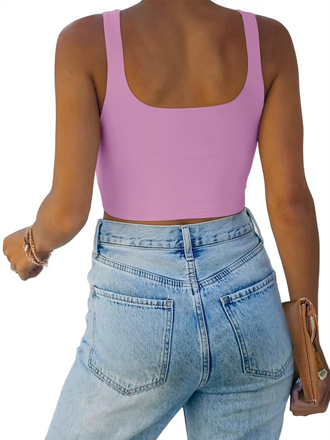 REORIA Women’s Sexy Square Neck Double Lined Seamless Sleeveless Cropped Tank Yoga Crop Basic Tops