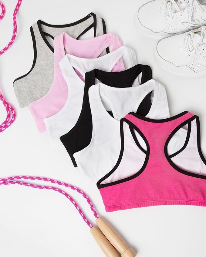 Fruit of the Loom girls Multi Pack Cotton Built -Up Stretch Sports Bra Available in 6 Packs!