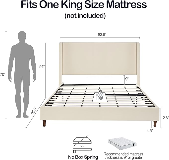 Upholstered Bed Frame King Size, 54" Tall Headboard Wingback Upholstered Platform Bed Frame for Adults Bedroom Strong Wood Slats Support/No Box Spring Needed/Easy Assembly, Beige
