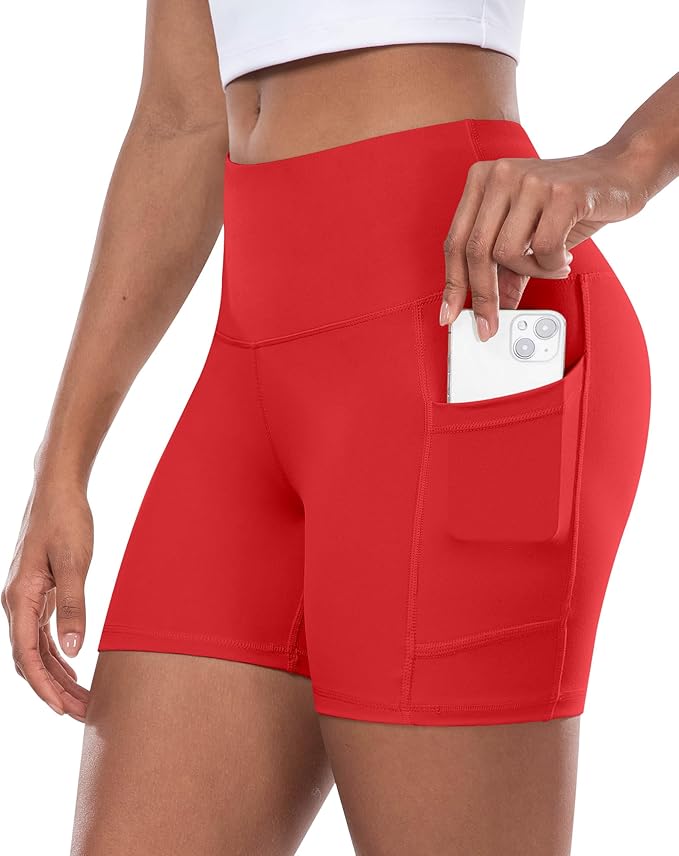 CHRLEISURE Womens Biker Yoga Shorts with Pocket, High Waisted Tummy Control 5 Inch Workout Spandex Athletic Gym Shorts