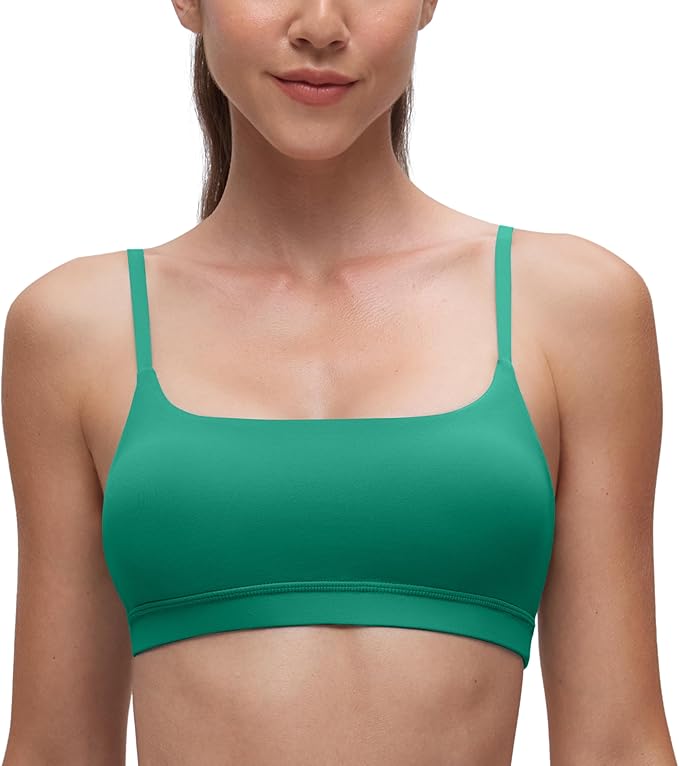 CRZ YOGA Butterluxe Adjustable Spaghetti Strap Sports Bras for Women - Scoop Neck Wireless Padded Yoga Workout Crop Top