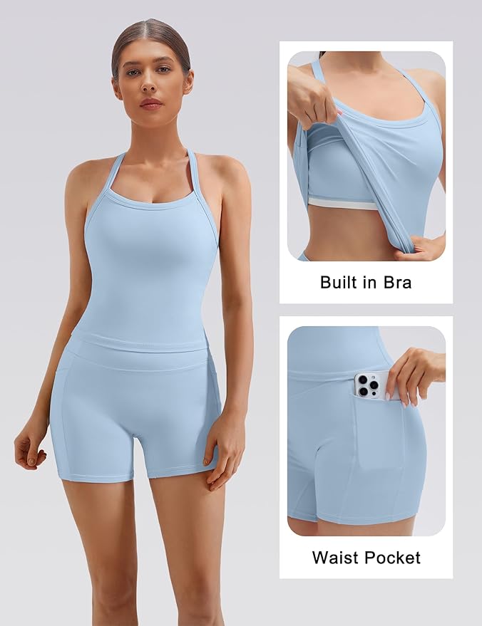 SUUKSESS Women 2 Piece Workout Sets High Waisted Biker Shorts with Pockets Built in bra Racerback Tank Tops