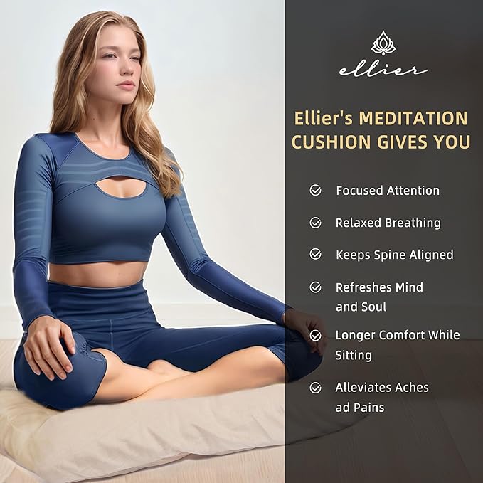 ellier Zafu & Zabuton Meditation Cushion Set - Buckwheat Hull & Memory Foam Pillows, Ergonomic Support for Yoga, Mindfulness - Organic Velvet Cover, Large Size, Durable Comfort (Khaki)