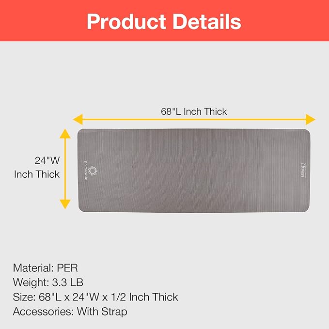 PRIMASOLE Yoga Mat Eco-Friendly Material 1/2 inch Non-Slip Yoga Pilates Fitness at Home & Gym 4 Colors with Carrying Case & Strap
