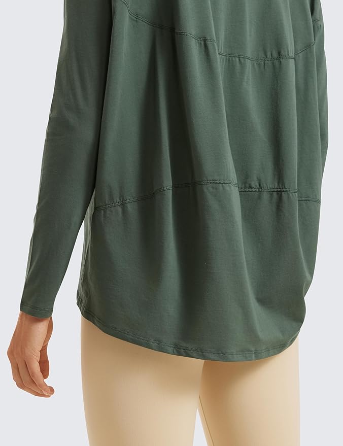 CRZ YOGA Pima Cotton Boat Neck Long Sleeve Shirts for Women - Workout Athletic Yoga Casual Tops Loose Fit Fall T-Shirts