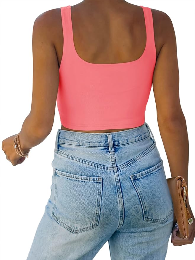 REORIA Women’s Sexy Square Neck Double Lined Seamless Sleeveless Cropped Tank Yoga Crop Basic Tops