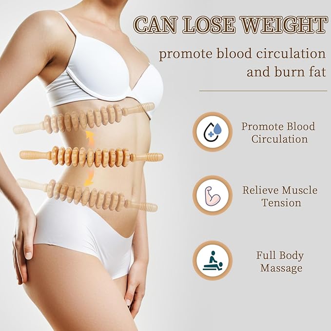 Liitrton Wood Therapy Fasci Massage Tools, Curved Wooden Massage Roller Cellulite Reduction and Muscle Tension (Wood, 11 Roller)
