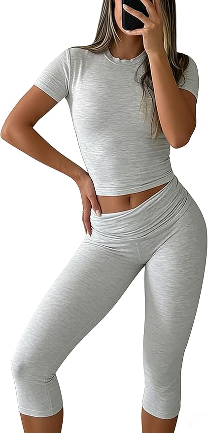 YETOWA Womens 2 Piece Workout Sets High Waisted Tummy Control Crop Top Capri Leggings Stretchy Soft Activewear