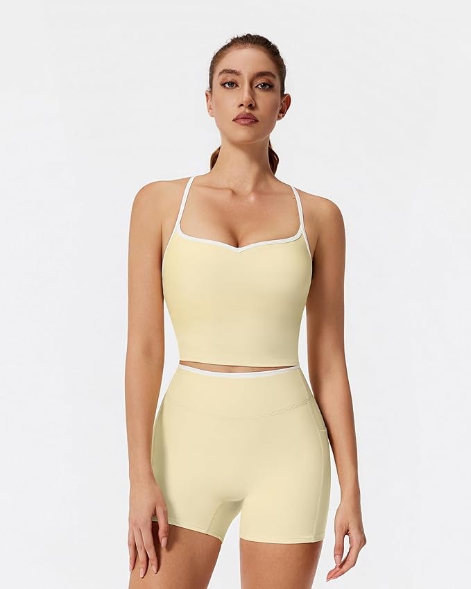 RXRXCOCO Color Block Workout Sets for Women 2 Piece Padded Strappy Tank Tops Hidden Scrunch Booty Shorts with Pockets