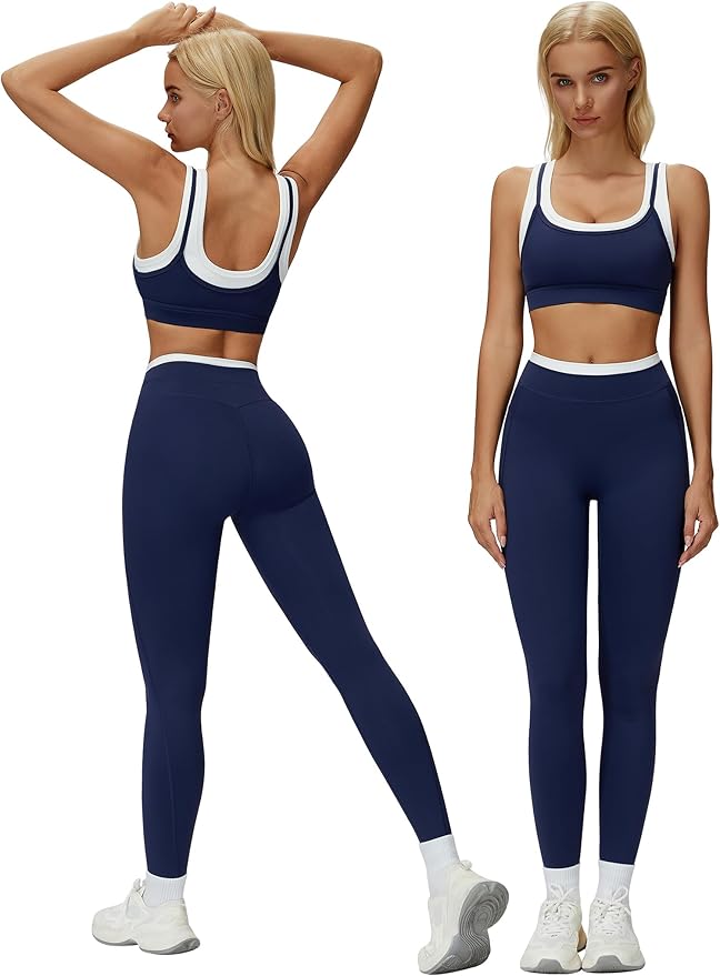 ABOCIW Two Piece Workout Sets for Women Layer Sports Bra Tummy Control High Wait Leggings Gym Yoga Outfits