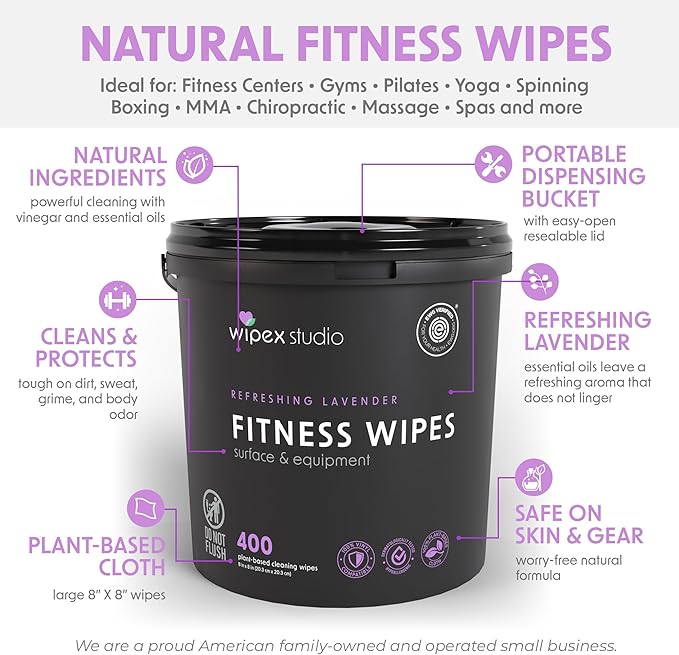 Wipex Gym Wipes - Natural Fitness Equipment Wipes, EWG Verified, Plant-Based Cloth with Lavender & Vinegar, All-Purpose Cleaner - Safe on Peloton Bikes & Yoga Mats, 400 Count
