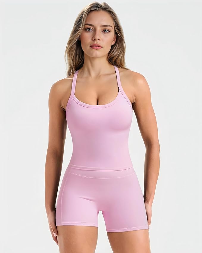 SUUKSESS Women 2 Piece Workout Sets High Waisted Biker Shorts with Pockets Built in bra Racerback Tank Tops