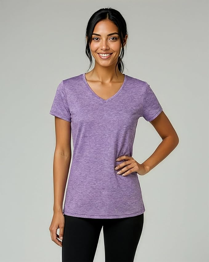 Real Essentials 5 Pack: Women's Dry-Fit Short Sleeve V Neck T Shirt Workout Fitness Yoga Top Tee (Available in Plus Size)