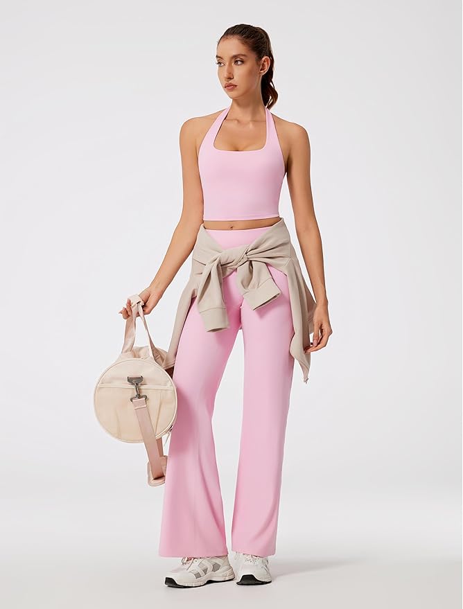 RXRXCOCO Halter Workout Sets for Women 2 Piece Padded Crop Tank Tops Straight Leg Yoga Pants Outfits with Hidden Pocket