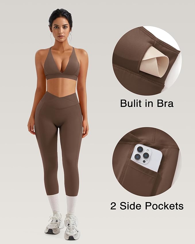 RXRXCOCO 2 Piece Workout Sets for Women Strappy Sports Bra Booty Leggings with Pockets Yoga Gym Outfits