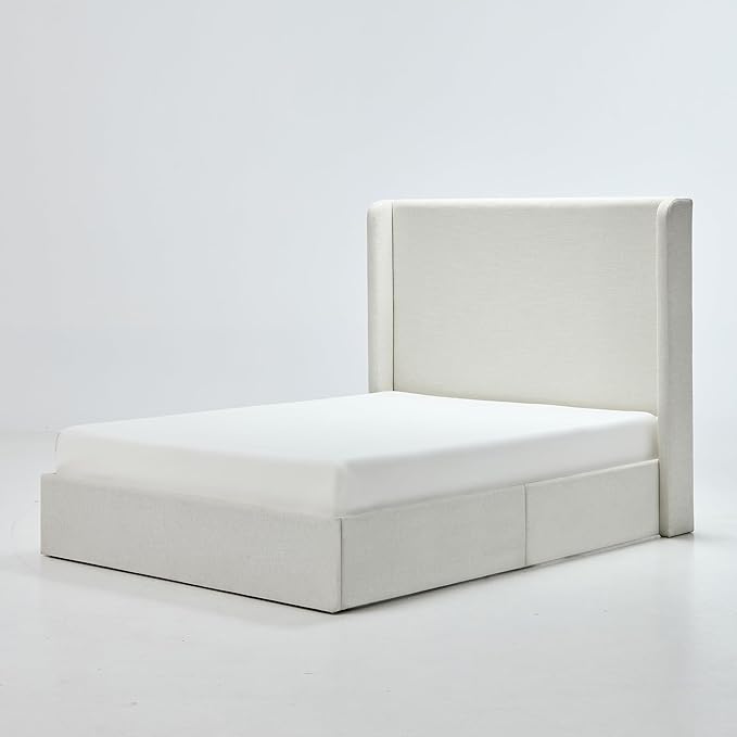 Full Size Upholstered Platform Bed Frame, 53.5" High Headboard Carmen Wingback Beds, Tall Headboard King Floor Bed Frames, No Box Spring Needed No Noise, Minimalist, Textured Ivory