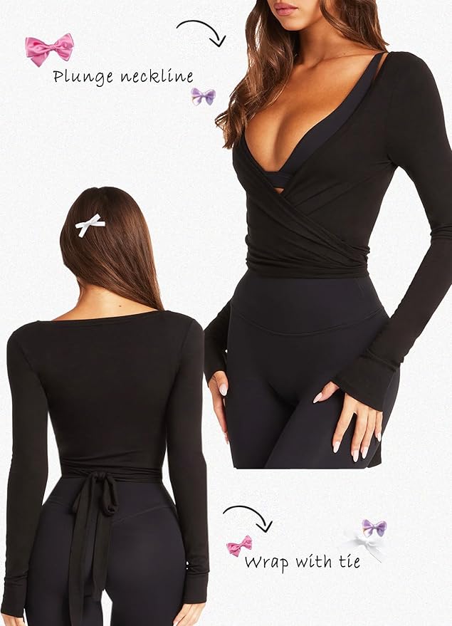 Navneet Women Long Sleeve Ballet Pilates Yoga Wrap Tie Front Tops Workout Gym Shirts Cardigan