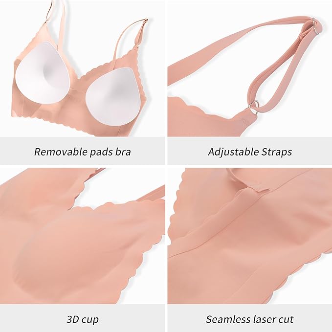 DEANGELMON V Neck Bra Padded Seamless Adjustable Straps Bralettes Everyday Basic Sleeping Bras Multiple Pack