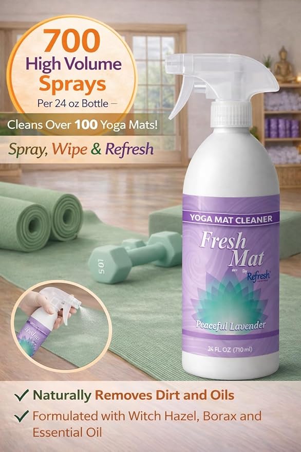 Fresh Mat Yoga Mat Cleaner Spray - Natural Deodorizing Cleaner for Yoga Mats & Fitness Equipment - No-Rinse, Residue-Free Formula with Witch Hazel & Essential Oil, Peaceful Lavender (24 fl oz).