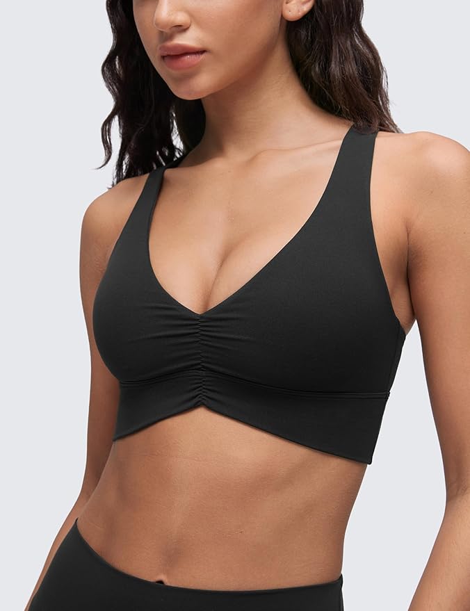 CRZ YOGA Butterluxe Ruched Longline Sports Bras for Women - V Neck Padded Yoga Tank Wide Straps Cross Back Crop Tops