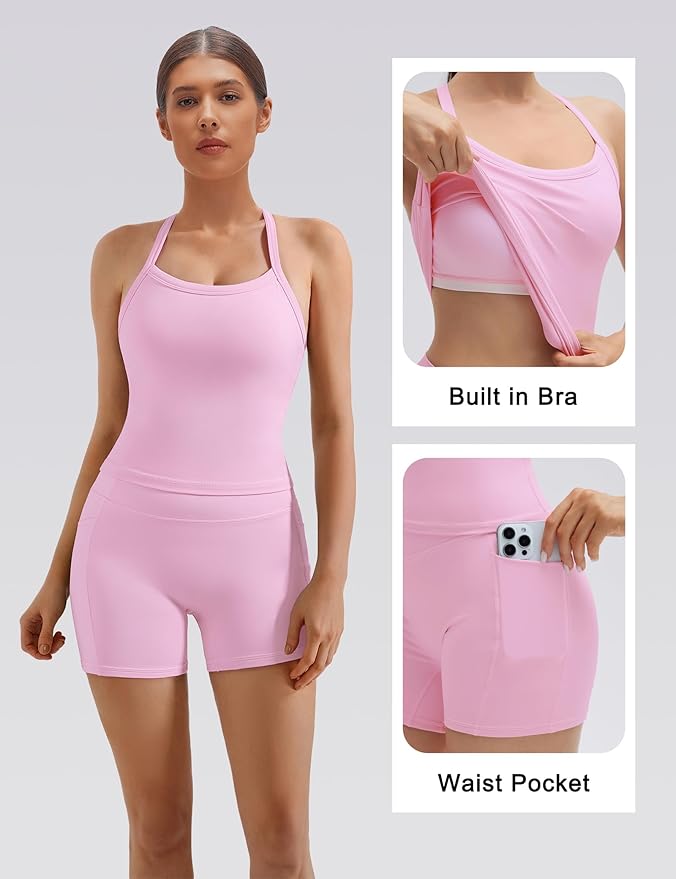SUUKSESS Women 2 Piece Workout Sets High Waisted Biker Shorts with Pockets Built in bra Racerback Tank Tops