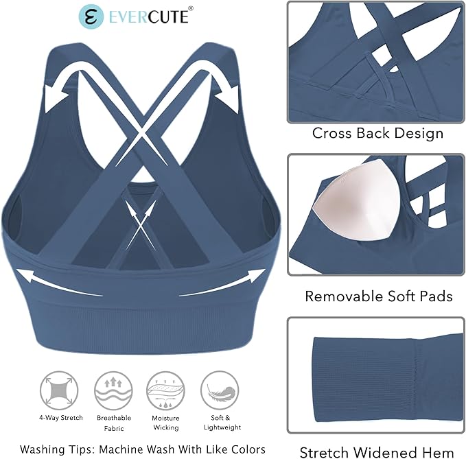 Evercute Sports Bras for Women Padded Medium Support Criss Cross Strappy Bra Seamless High Impact Yoga Exercise Athletic Bras