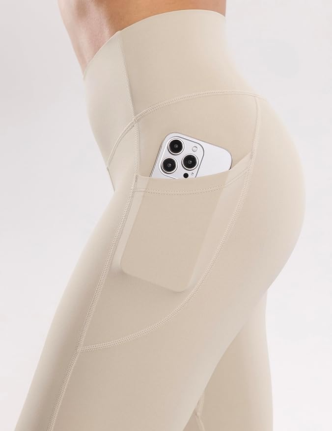 ENERBLOOM Workout Leggings with Pockets for Women High Waist Yoga Pants 25"/28" Cream Soft Lightweight Athletic Gym Tights